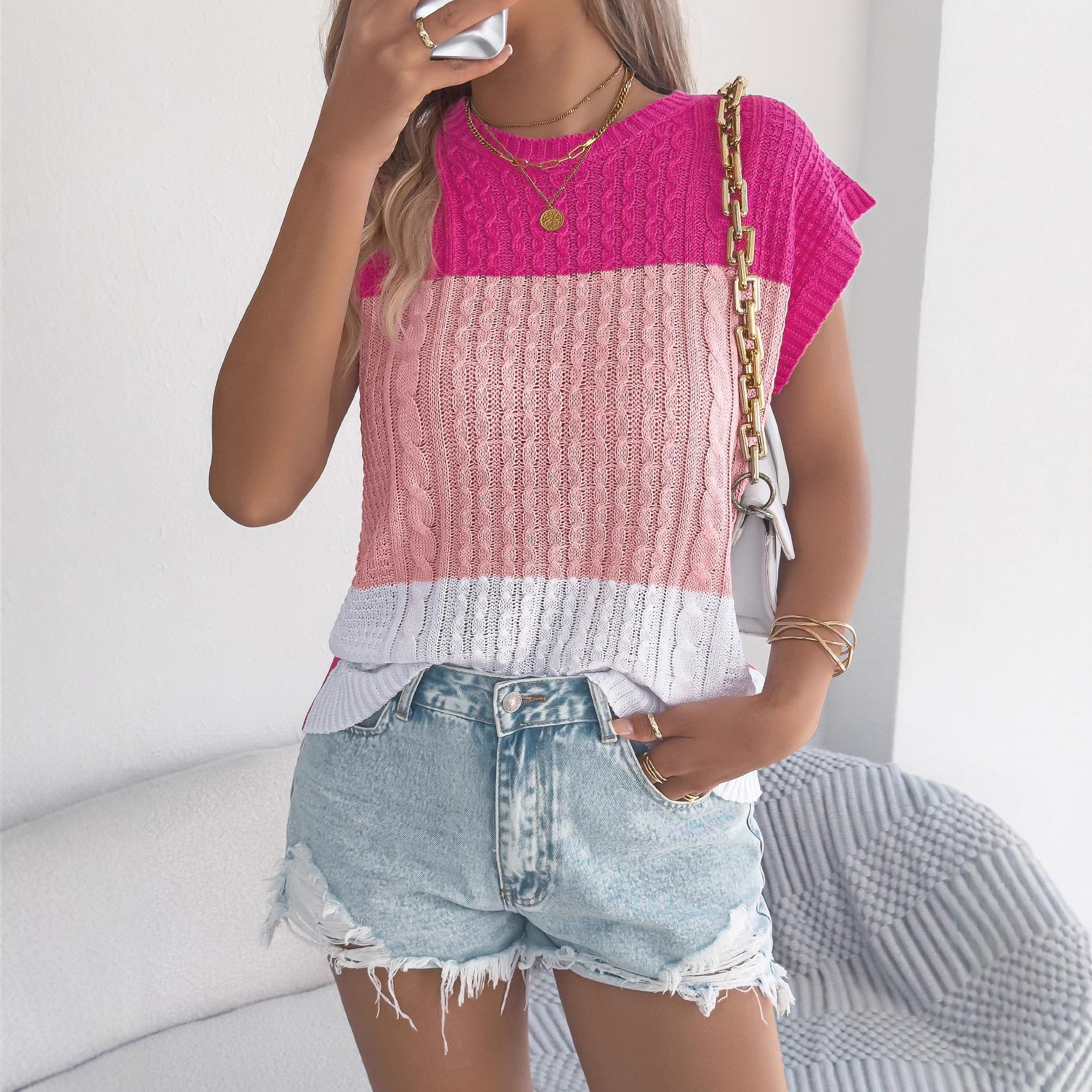 Women Color Block Cable Knit Short Sleeve Knit Top S розовый