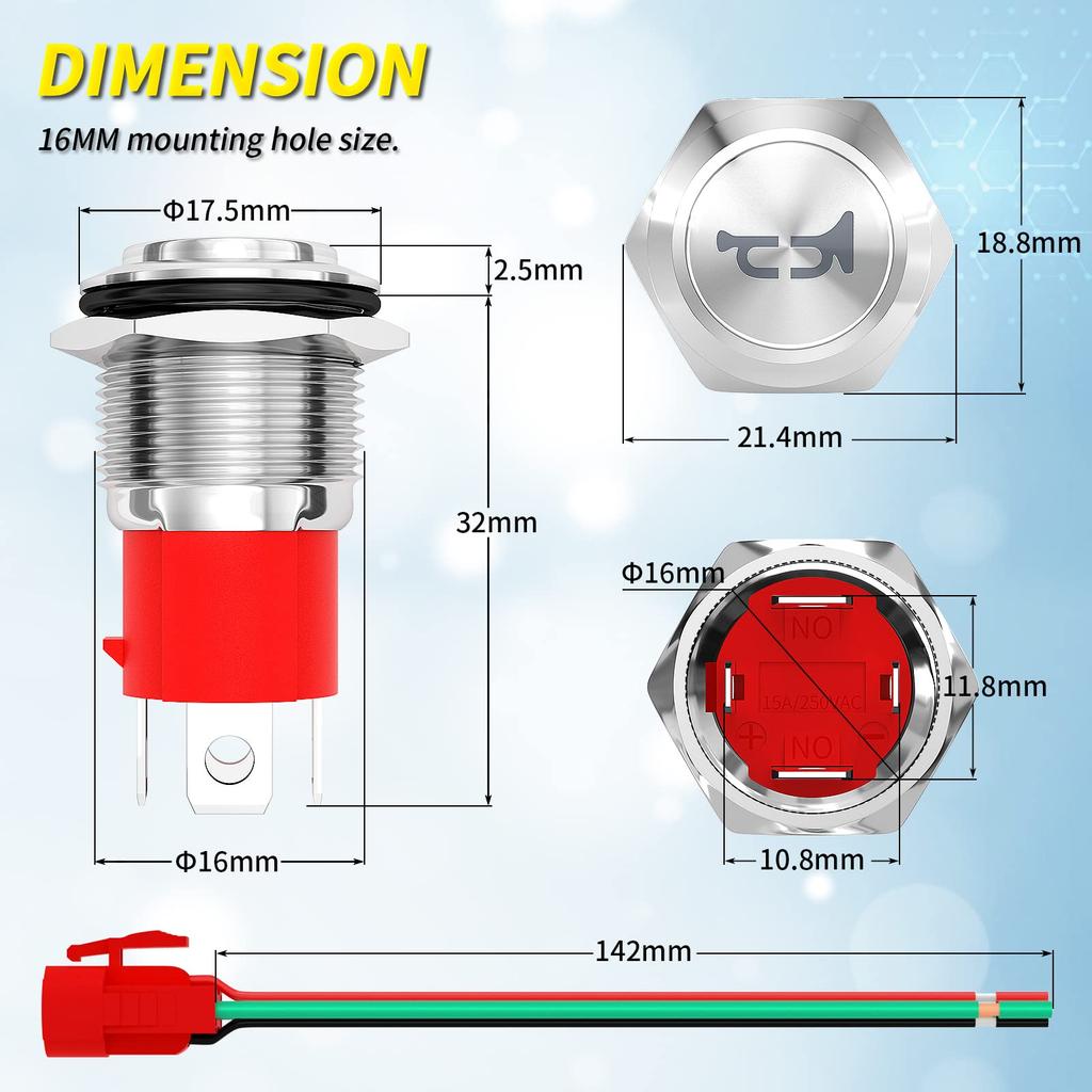Joinfworld Horn Button 20A Heavy Duty 16mm Metal Horn Switch Speaker Blue LED