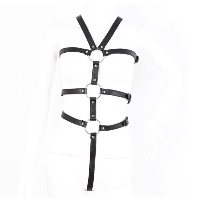 European & American Sexy Black Harness Lingerie Set with BDSM Leg Garter & Fishnet Stockings