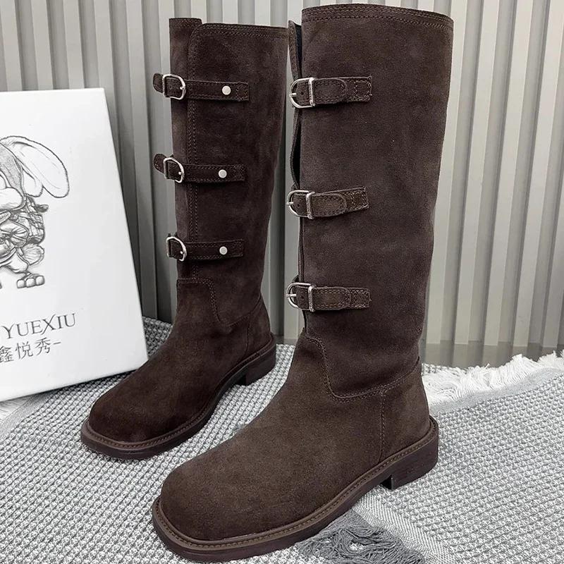 Flats Women High Boots Suede Buckle Fashion Shoes Knee High New Motorcycle Boots Winter Trend Designer Goth Botas De Mujer