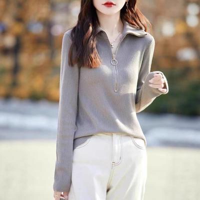 Frühling neu Kammgarnwolle Rollkragen Strickpullover Halbreißverschluss einfarbig Rippstrick Pullover Unterhemd Top