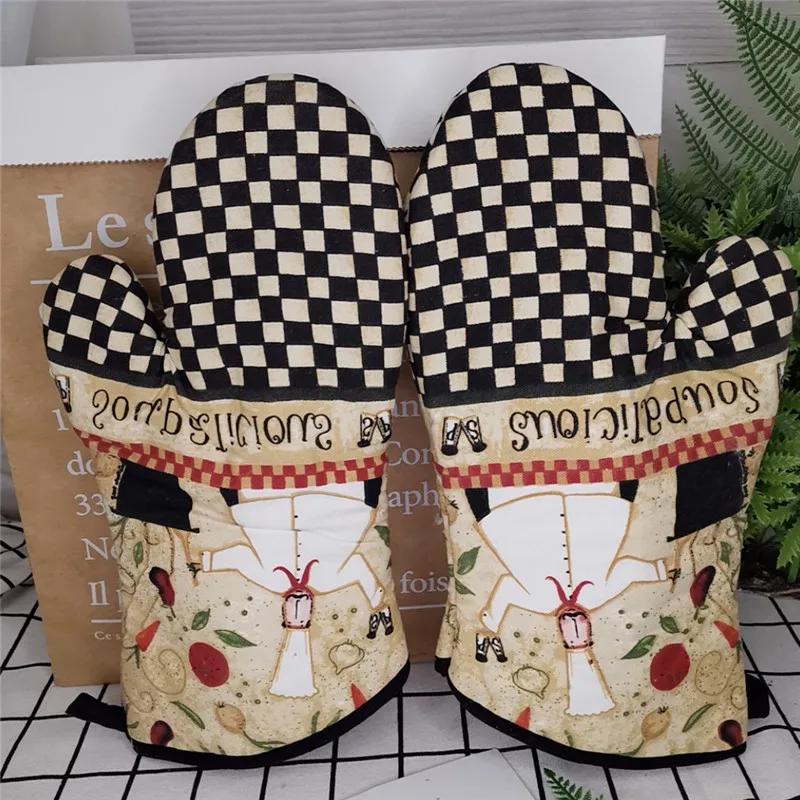 1Pc 18x33cm Cotton Vintage Printed Large Baking Glove Microwave Oven Mitts Insulation Kitchen Tool Party Gift