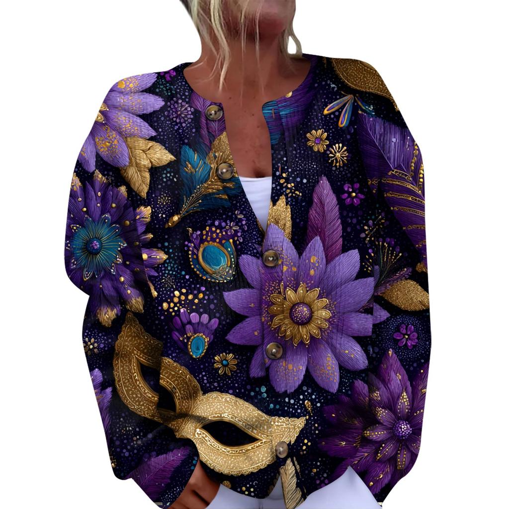 Damenmode Festival Bedruckter Langarm Strickcardigan mit Knopfleiste