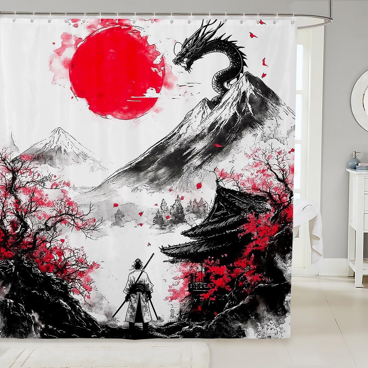 

Japanese Crane Shower Curtain Japanese Wave Bath Curtain Sunset Bathroom Waterproof Accessories With 12 Hooks Orange Art W60H190(CM)-1 Pcs
