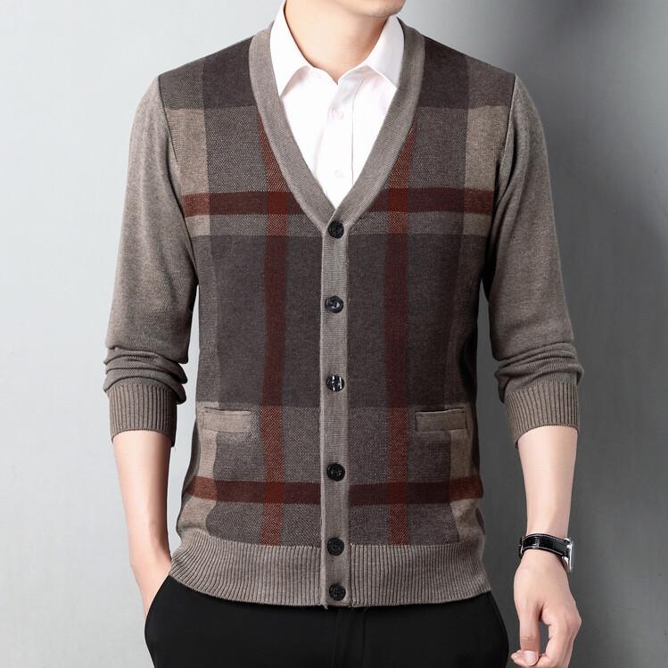 Men's Wool V-Neck Cardigan: Autumn & Winter Knit Long Sleeve Sweater - Thick, Warm, Business Style for Middle-Aged & Dad's Wear.