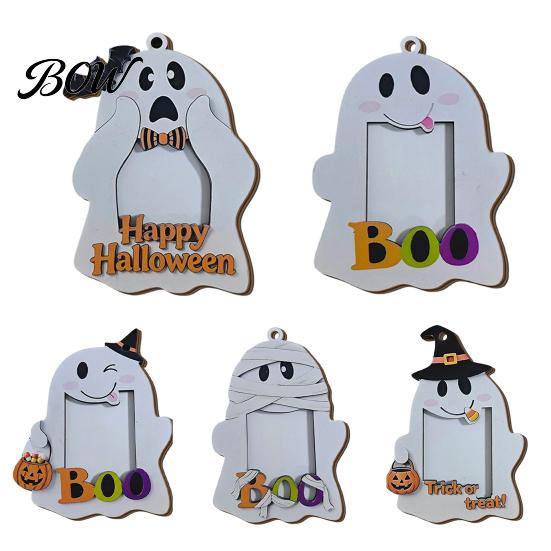 Family Photo Display Frame Halloween Cute Ghost Wooden with Hanging Rope, Creative Handcrafted Wood Holder Picture for Holiday Party Decor And
