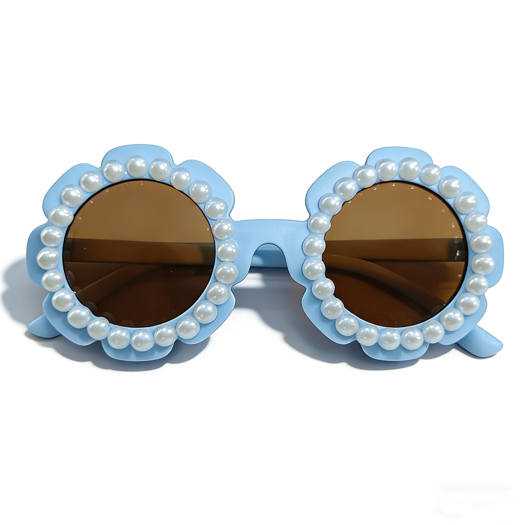 

2026 Cute Fashion Pearl Flower Sunglasses For Kids Round Frame UV400 Protection Baby Girl Sun Glasses Shades KJ218