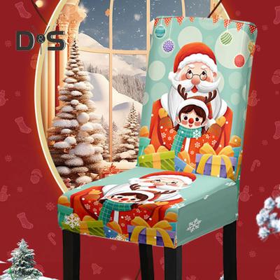 Weihnachtsstuhlbezug, staubdicht, mit Cartoon-Weihnachtsmann-Schneemann-Druck, Neujahrsparty-Dekoration, dehnbarer Stoff, rutschfeste Stuhlschutzhüllen