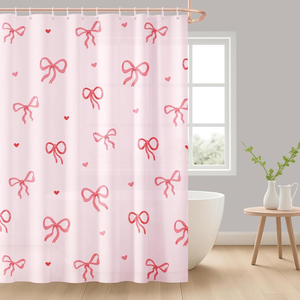 Pink Striped Bow Shower Curtain Cute Girls Shower Curtain with Washable, Waterproof Polyester Print