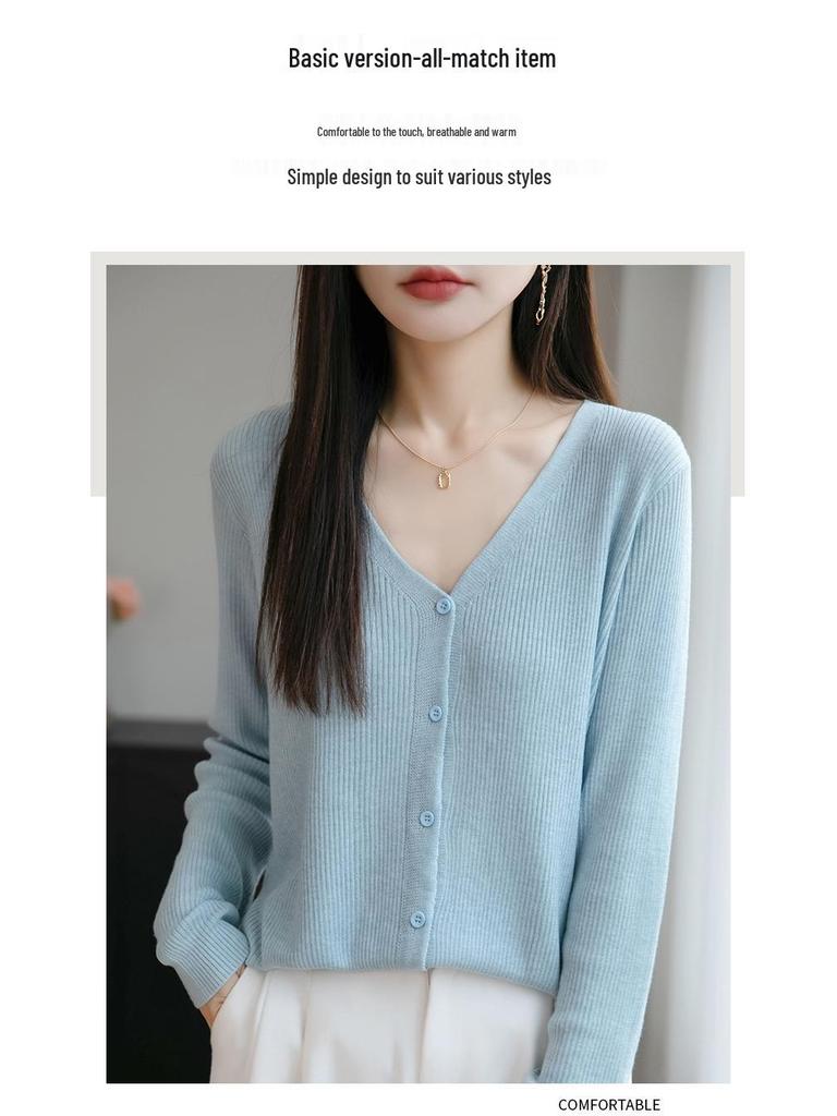 Women's V-Neck Knit Cardigan - Long Sleeve, Slim Fit Autumn Sweater