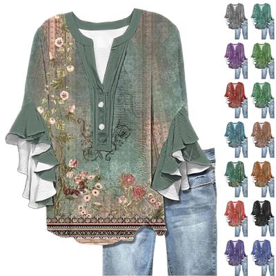 Women's Fashion Casual Button V-Neck Seven Sleeve Vintage Printed Shirt Top