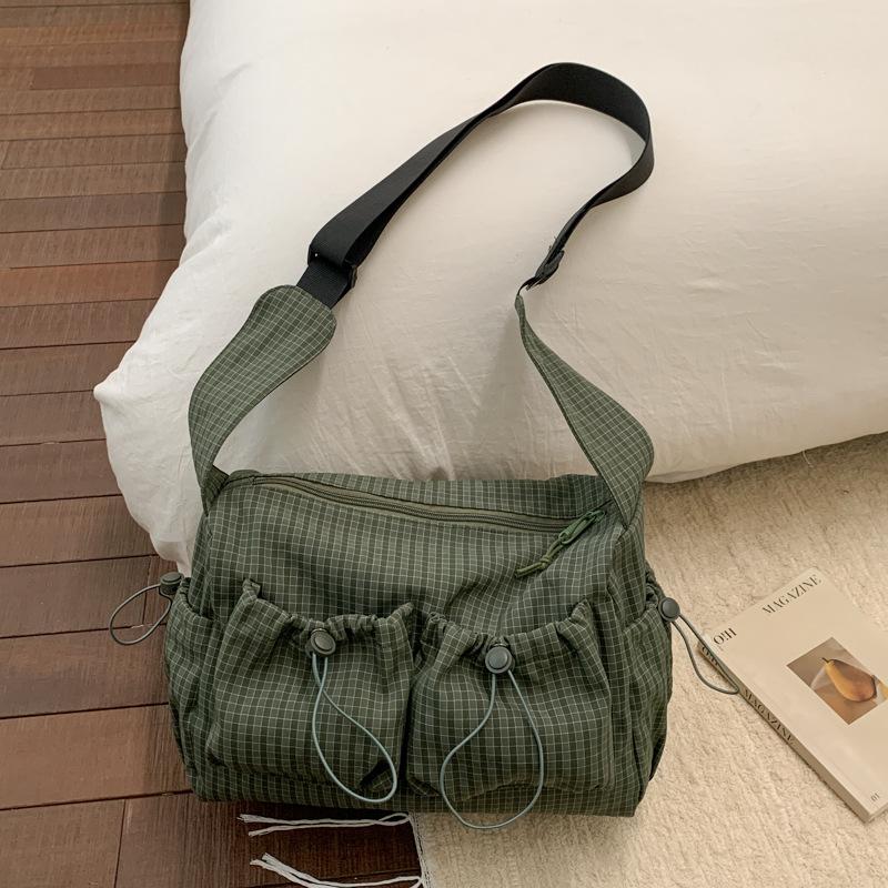 Stylish Plaid Shoulder Bag Korean Minimalist Tote Bag Casual Pleated Adjustable Crossbody Bag Zipper Handbag Fashi Canvas Bag
