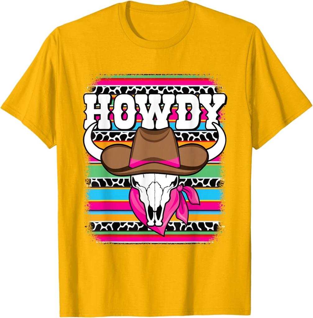 Howdy Cow Skull Western Rodeo Graphic Tee Breathable Short Sleeve Casual T-Shirt for Women