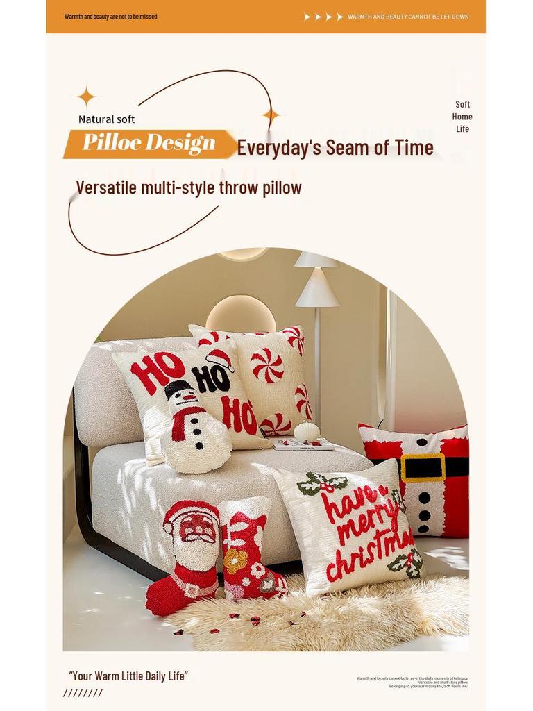 Christmas Embroidery Candy Cane & Santa Hat Tufted Throw Pillow Cover