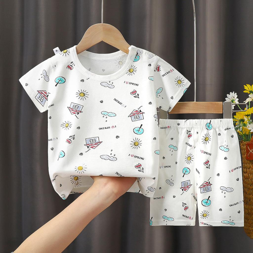 Kids Cotton Short Sleeve 2Pcs Set, Summer Shoulder Snap T-shirt & Shorts for Toddler Boys Girls