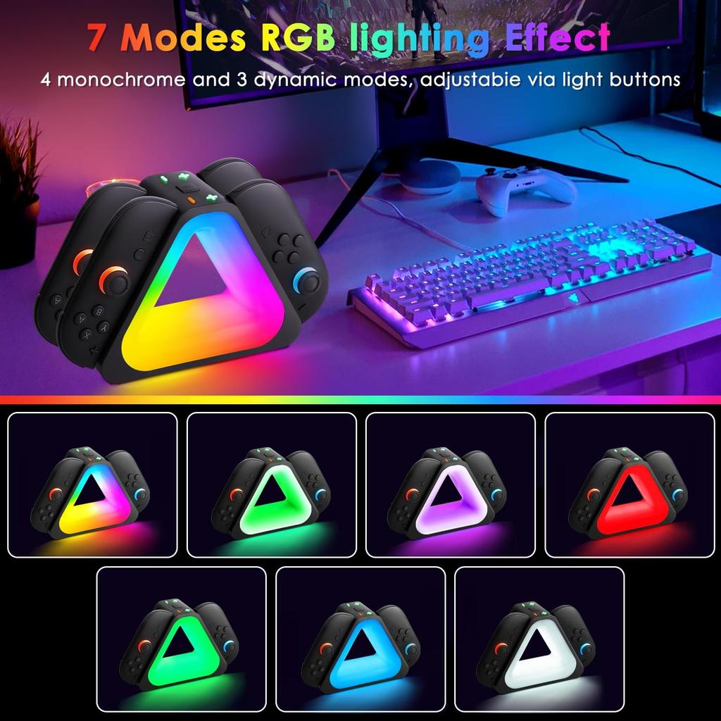 4-Port Charger Station with RGB Lighting Modes Fast Charging for Nintedos Switch2 Joycon with LED Indication USB Type-C Charger Cable