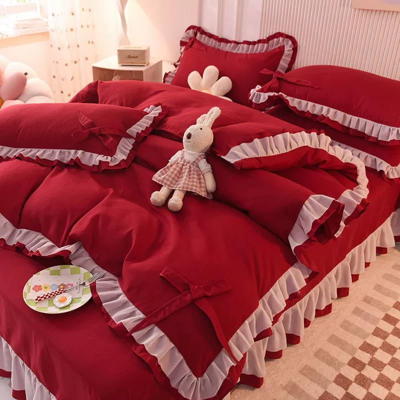 Girls Bedding Sets Kawaii Seersucker Bed Sheet Pillowcase Fashion Princess Duvet Cover Solid Color 4 Pieces Cute Home Decoration