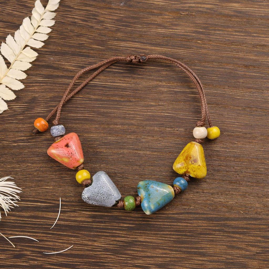 Ethnic Floral Glaze Ceramic Beaded Bracelet - Retro Artistic Porcelain Design for Women