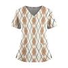 Women's Plaid Print V-Neck and Caregiver Top with Double Pockets and Split Hem Short Sleeves