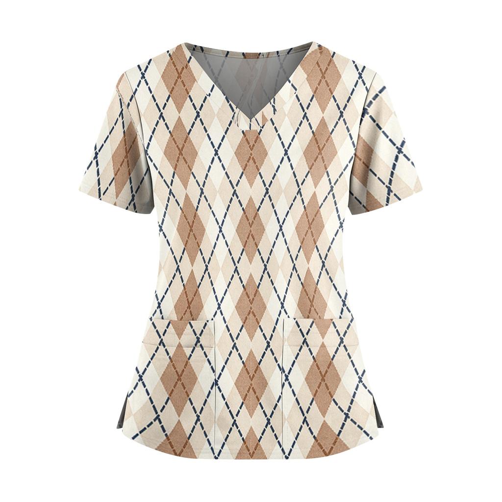 Women's Plaid Print V-Neck and Caregiver Top with Double Pockets and Split Hem Short Sleeves
