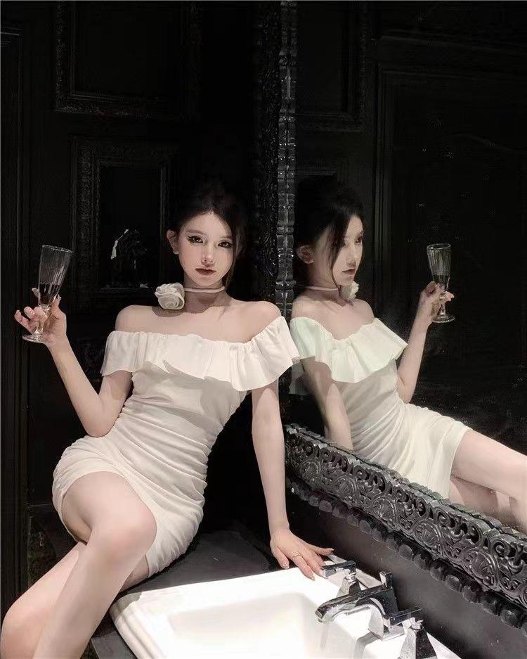 Elegant French One-Shoulder Ruffled Bodycon Dress