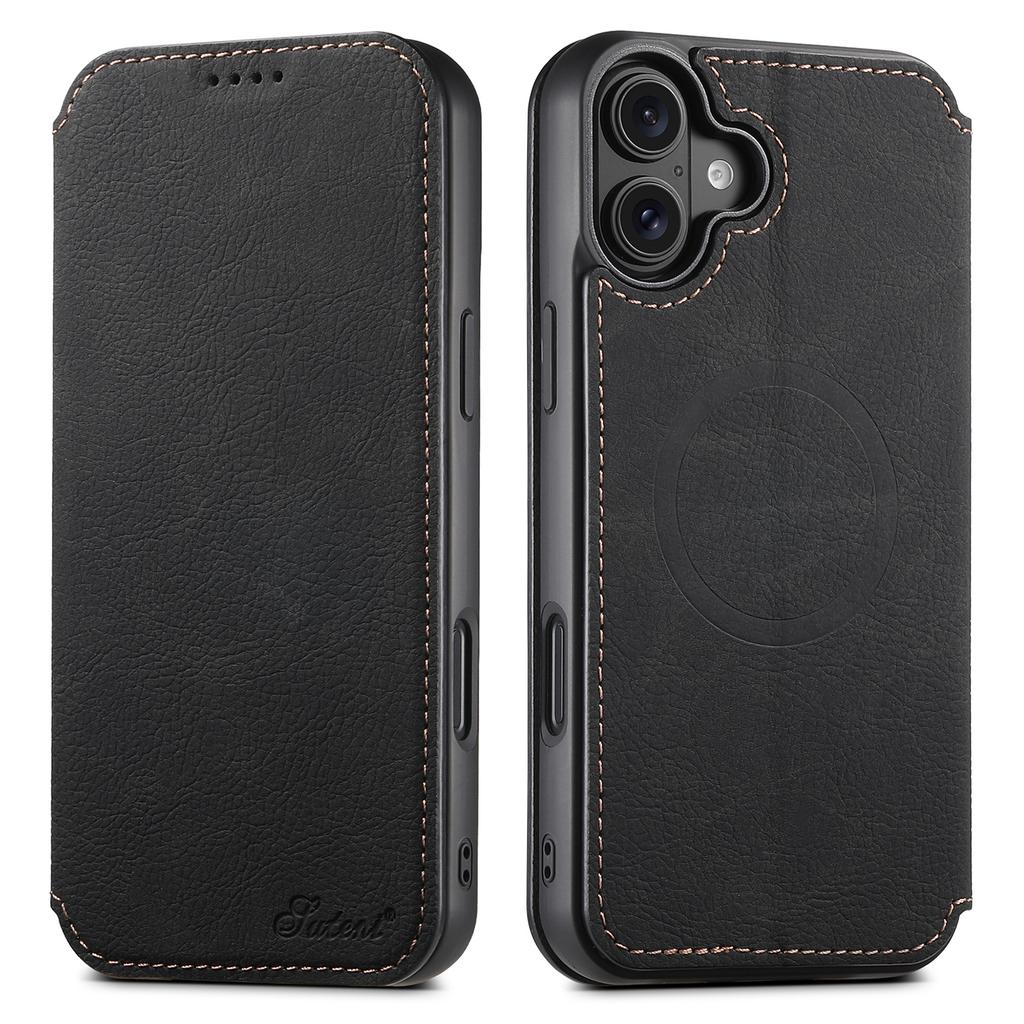 SUTENI J06 For iPhone 16 Plus Case Litchi Texture Leather Wallet Phone Shell Compatible with MagSafe