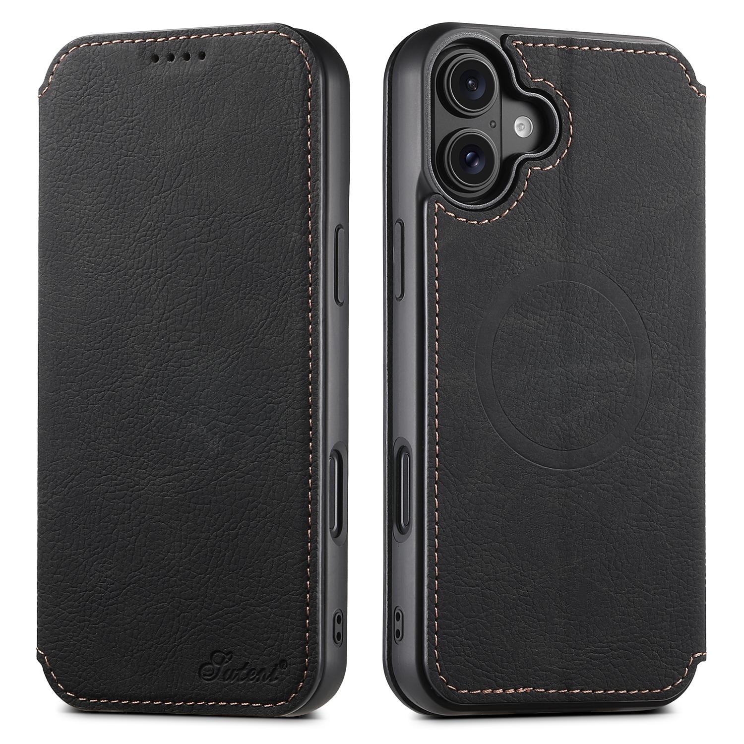 

SUTENI J06 For iPhone 16 Case Litchi Texture Leather Wallet Phone Shell Compatible with MagSafe Black