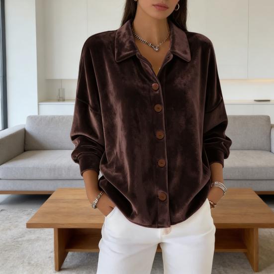 Women Shirt Lapel Long Sleeve Velvet Texture Solid Color Shirt Tops Loose Fit Buttons Placket Commuter Tops Work Wear