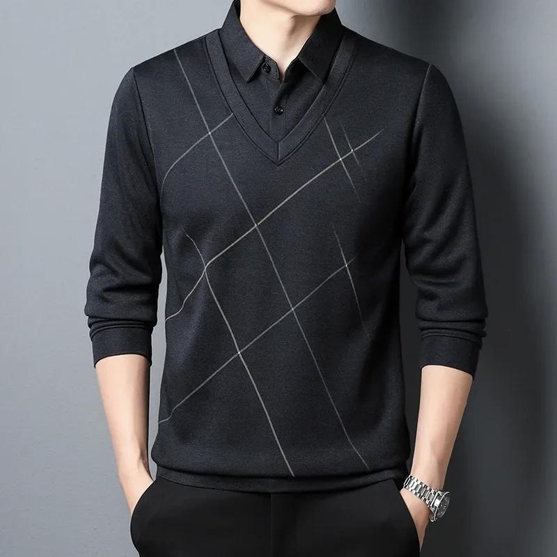 

Browon Brand Graphic T Shirts Men 2026 Autumn New Long Sleeve Fake Two-Piece T-Shirt Male Fashion Casual Plaid Men T Shirt Tops M