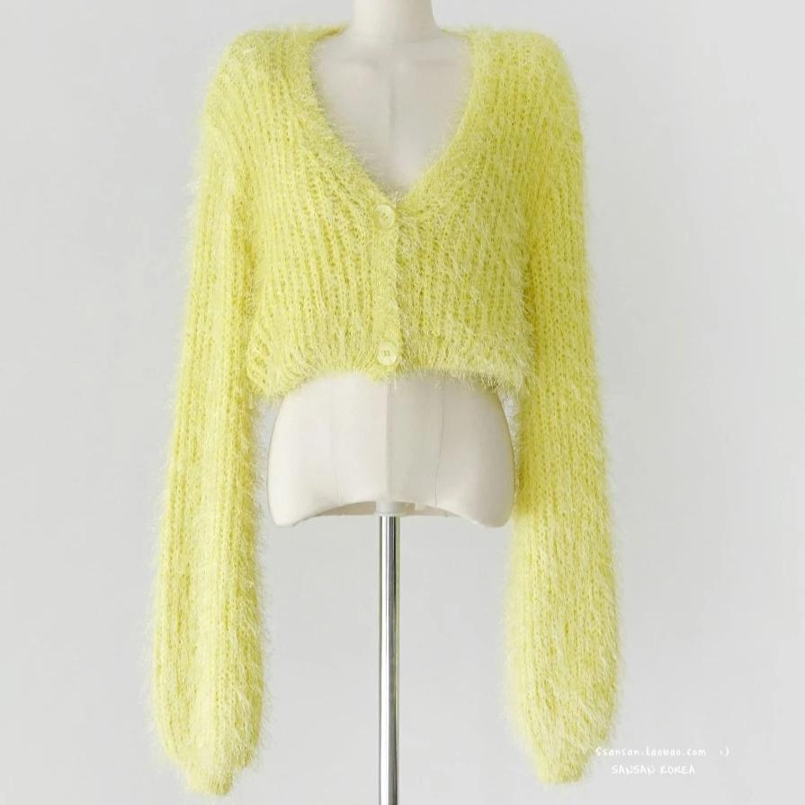 Fluffy Short Sweater Sexy V-neck Long Sleeved Single Breasted Coat Korean Chic Knitting Top Fashion Pink Cropped Cardigan Mujer