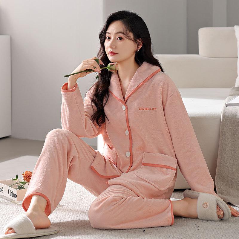 Winter Coral Fleece Pajamas Couple Men And Women Long-Sleeved Cardigan Fleece Thickened Flannel Thermal Loungewear Set