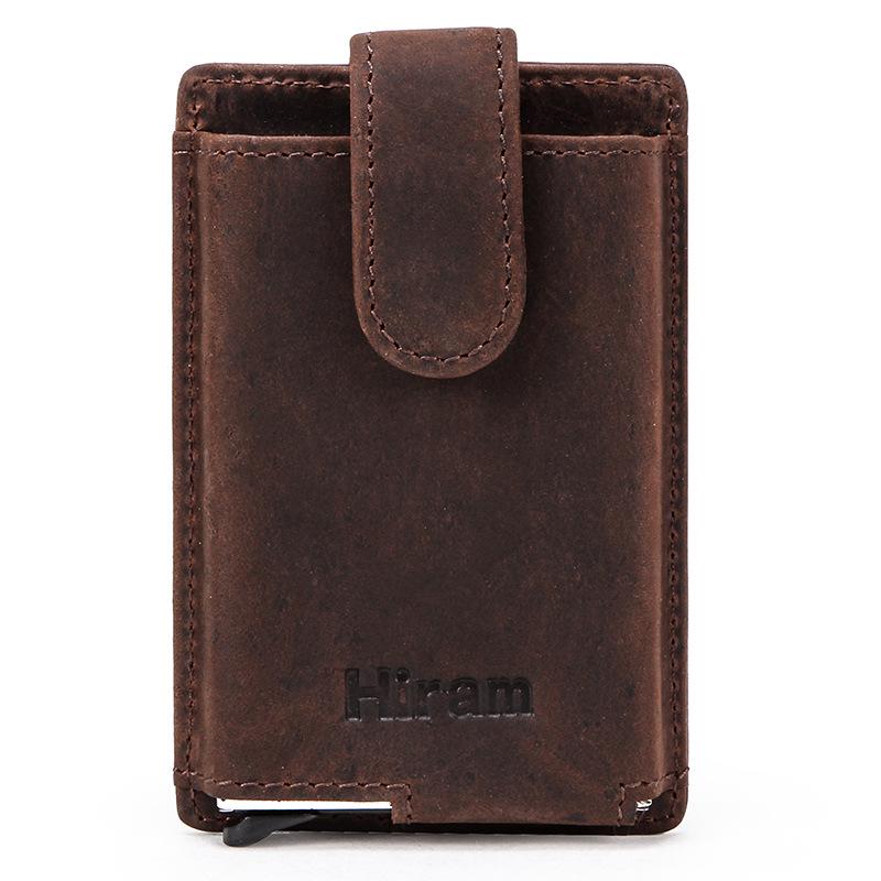 Crazy Horse Leather Anti-Theft Card Holder with Automatic Aluminum Alloy Slot and Zippered Coin Purse