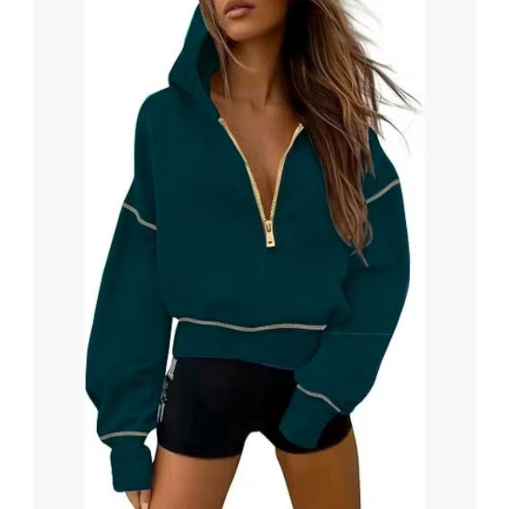 Women's Hood Neck Long Sleeve Half Zip Cropped Hoodie Loose Fit Casual Sweatshirt