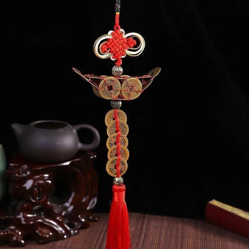 Fu Lu Zhen Zhai Chinese Gourd Pendant with Five Emperors Copper Coins and Gold Edge – Wealth Knot Ornament Gift