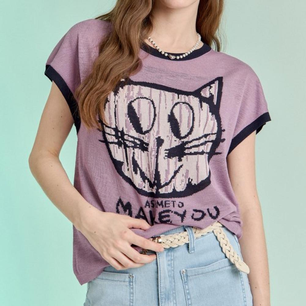 Maxza Cat Illustration Color Block Cap Sleeve Knit Zd08qk035on Pink/FREE