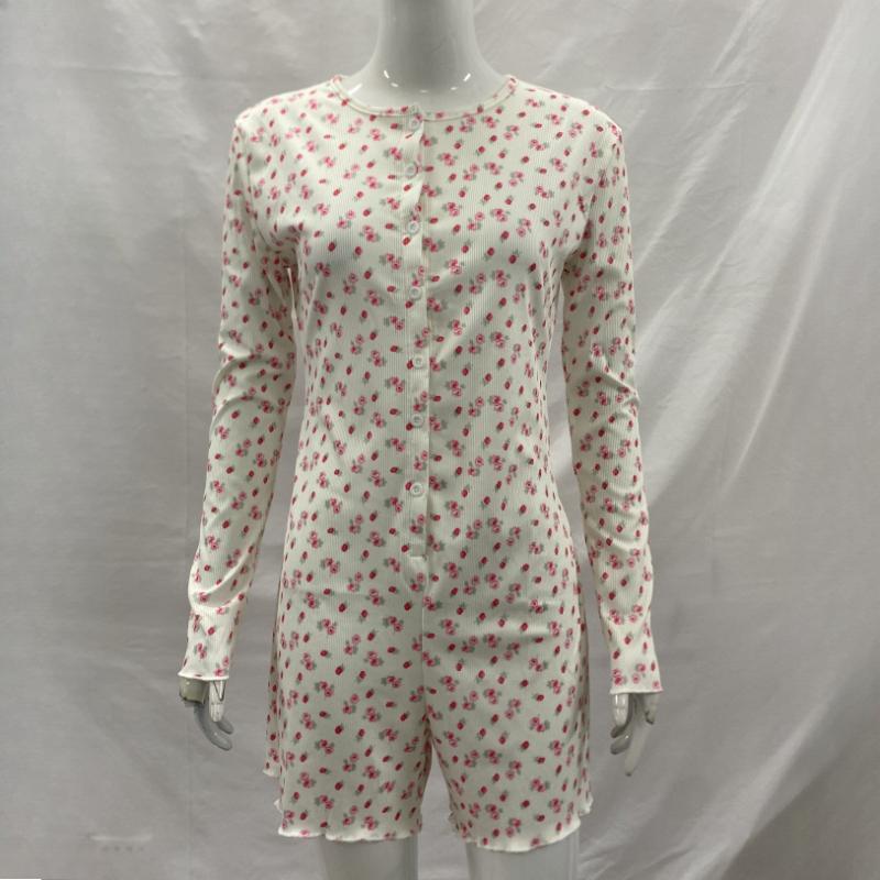 Y2K early autumn floral pattern round neck threaded anti stripe long sleeved jumpsuit
