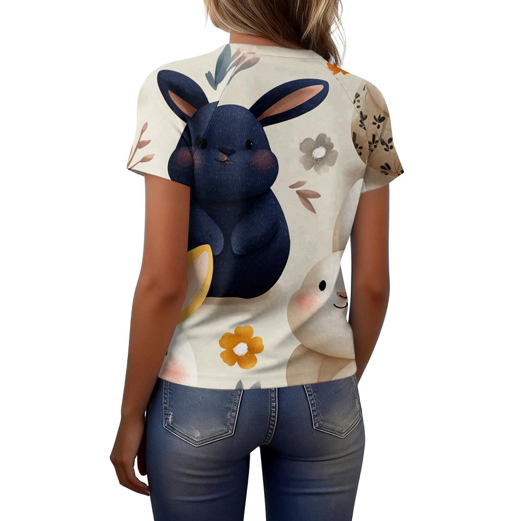 Women's Fashionable Casual Short-Sleeved Raglan Sleeve Easter Print T-Shirt Top