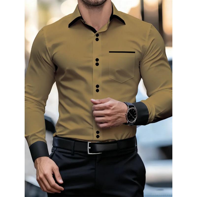Men's Business Color Block Collar Long Sleeve Shirt, Slim Fit, Wrinkle-Free, Black and White Patchwork Shirt, Men's Fashion Top