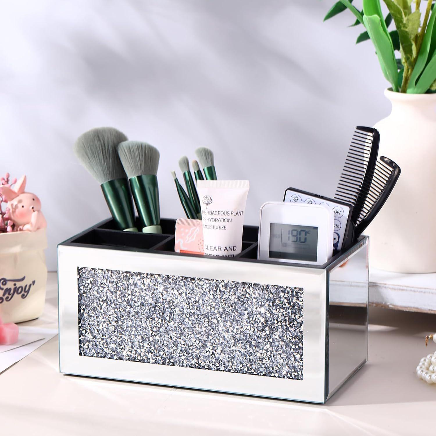 

Modern Rhinestone Remote Control Holder Silver Crystal Desk Caddy Multi-Grid Storage Box for TV Controller Pen Stationary Decor 6 grids срібний