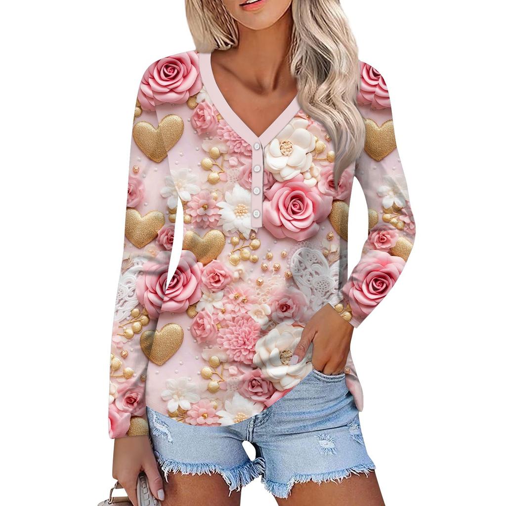 Damen Valentinstag Liebesherz Print Mode Lässig Langarm V-Ausschnitt Knopfhals Oberteil