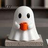 Unique Holiday Gift Ghost Drinking Coffee Figurine, 3D Printed Cute White Holding A Mug Fall Seasonal Decor Statue, Spooky Halloween Decoration