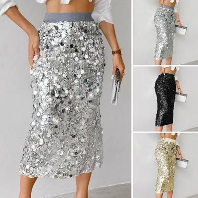 Damen Rock Hohe Taille Sexy Hüftbetont Pailletten Glitzerrock Einfarbig Mittlere Wadenlänge