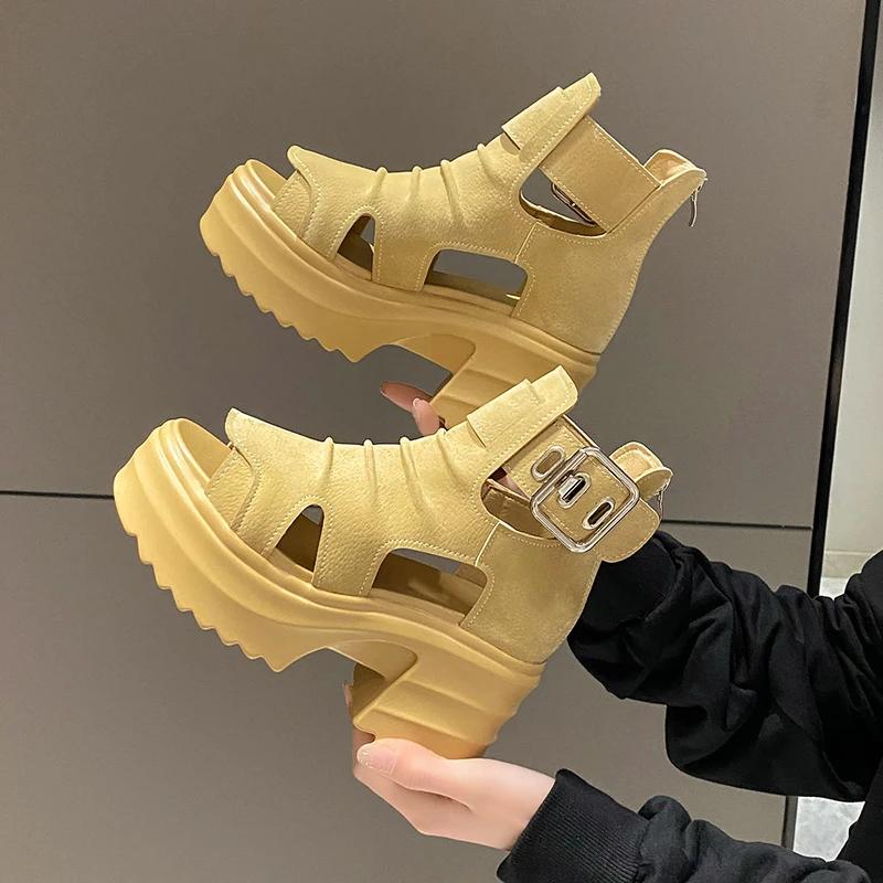 

Модные ботинки на толстой подошве в римском стиле с вырезами, туфли на высоком каблуке с открытым носком, летние повседневные и удобные сандалии для женщин 34 хаки