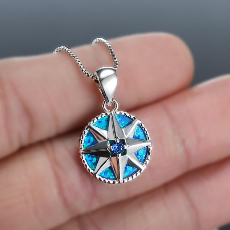 

European and American fashion blue Opal white gold red diamond white Opal shield necklace women s round pendant jewelry