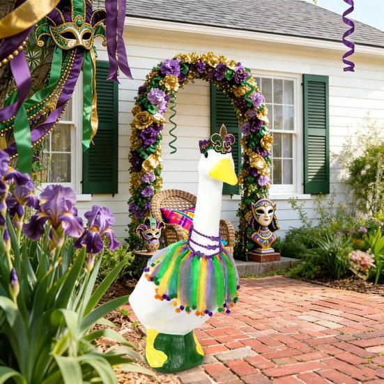 Big Goose Clothes Fluffy Gauze Skirt Costume with Fur Ball Edges Mardi Gras Headdress Elastic Strap Neck Rings Garden Goose Decoration for Festive