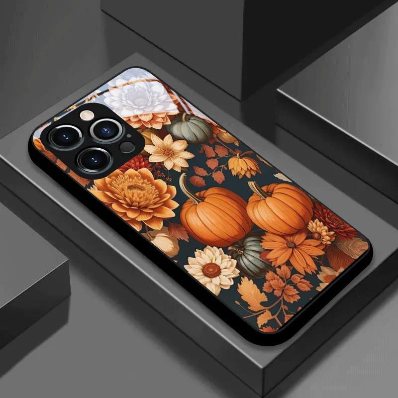 Autumn Pumpkin Flowers Pattern Tempered Glass Phone Case For Samsung Galaxy S23 S24 S25 S26 Ultra Plus FE Shockproof Cover