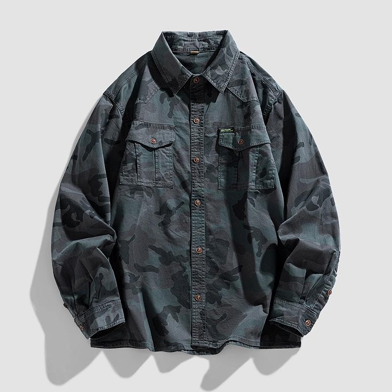 

Men s Military Camo Work Shirt – Vintage Retro Loose Fit Long Sleeve Casual Shirt, Tactical Streetwear Jacket for Outdoor & Daily Wear M сірий