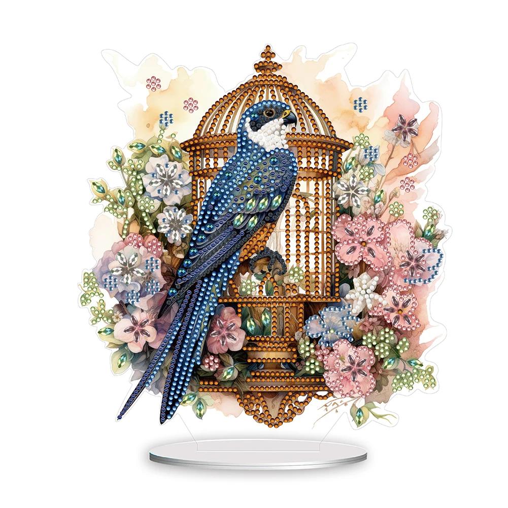 Blauer Vogel Diamantmalerei Schreibtischornamente Set Flamingo Diamantmalerei Schreibtischdekorationen Käfig für Zuhause Büro Schreibtisch Dekor
