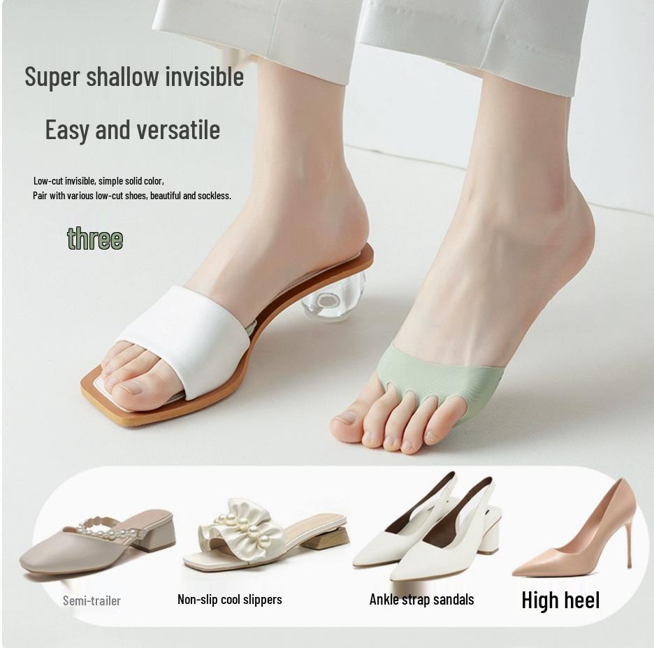 Șosete invizibile cu cinci degete din mătase de gheață pentru femei - Șosete cu degete cu talpă din bumbac pentru vară