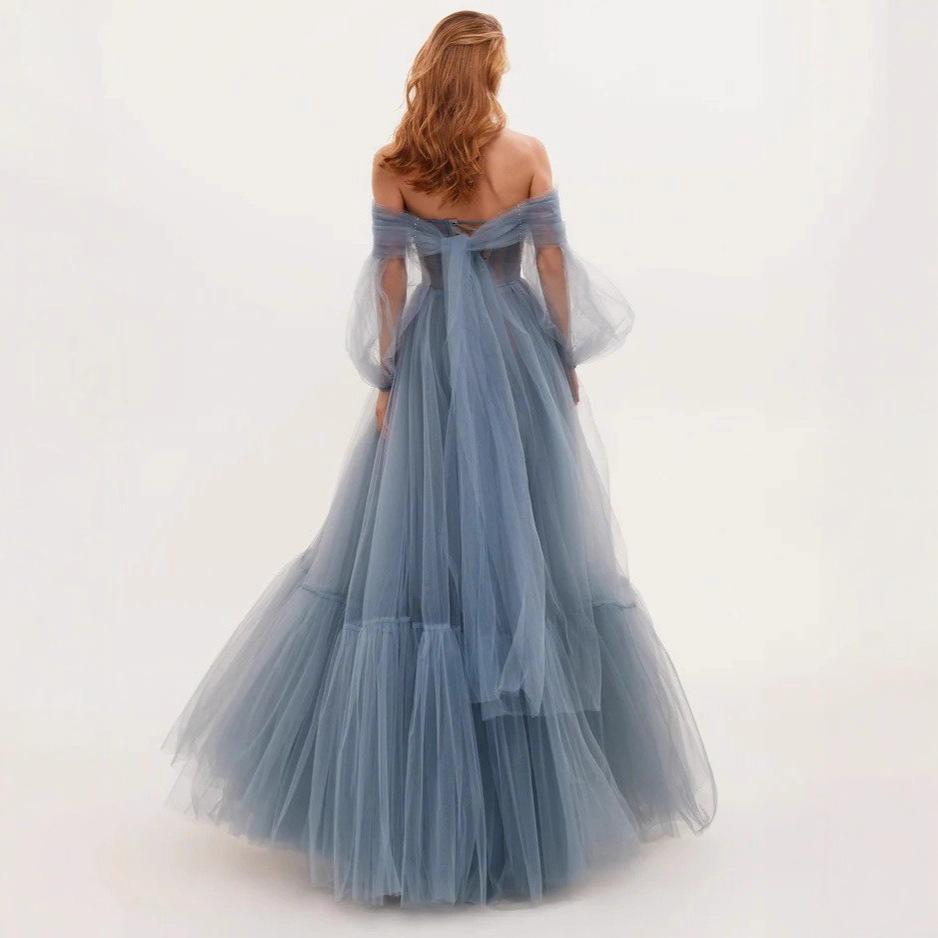 new long women's clothing one-word shoulder mesh long-sleeved wedding dress tulle dress